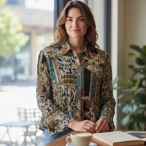 VTG‎ Womens Top 18 Brown Paisley Patchwork Sheer Crinkle Button Boho Hippie Y2K